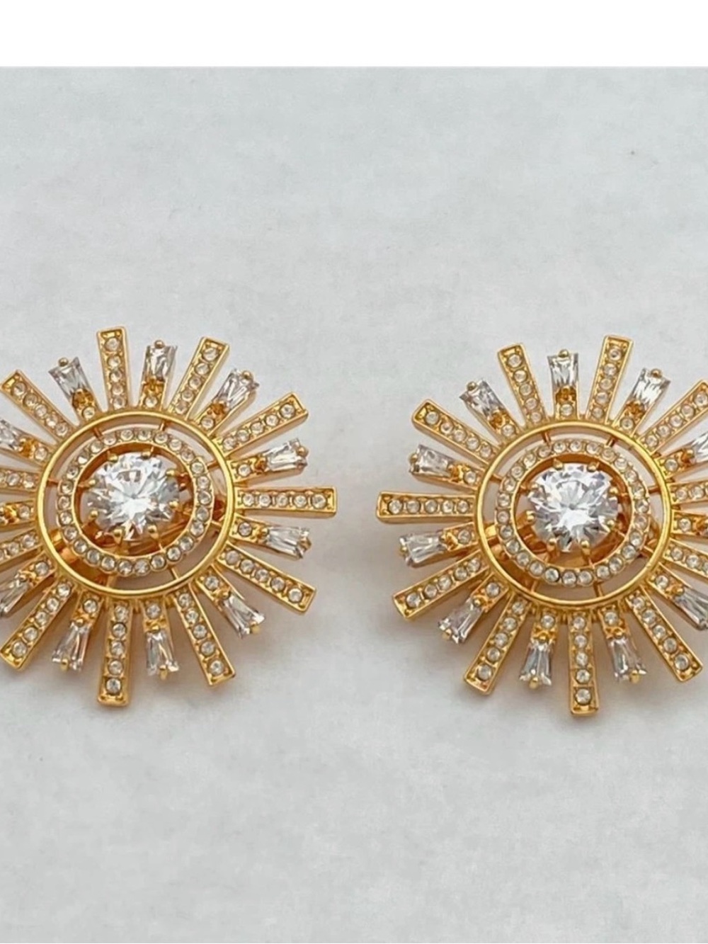 Swarovski Gold Rose Sunburst Crystal Stud Earrings. Retired. NWOT. $200 clip-on